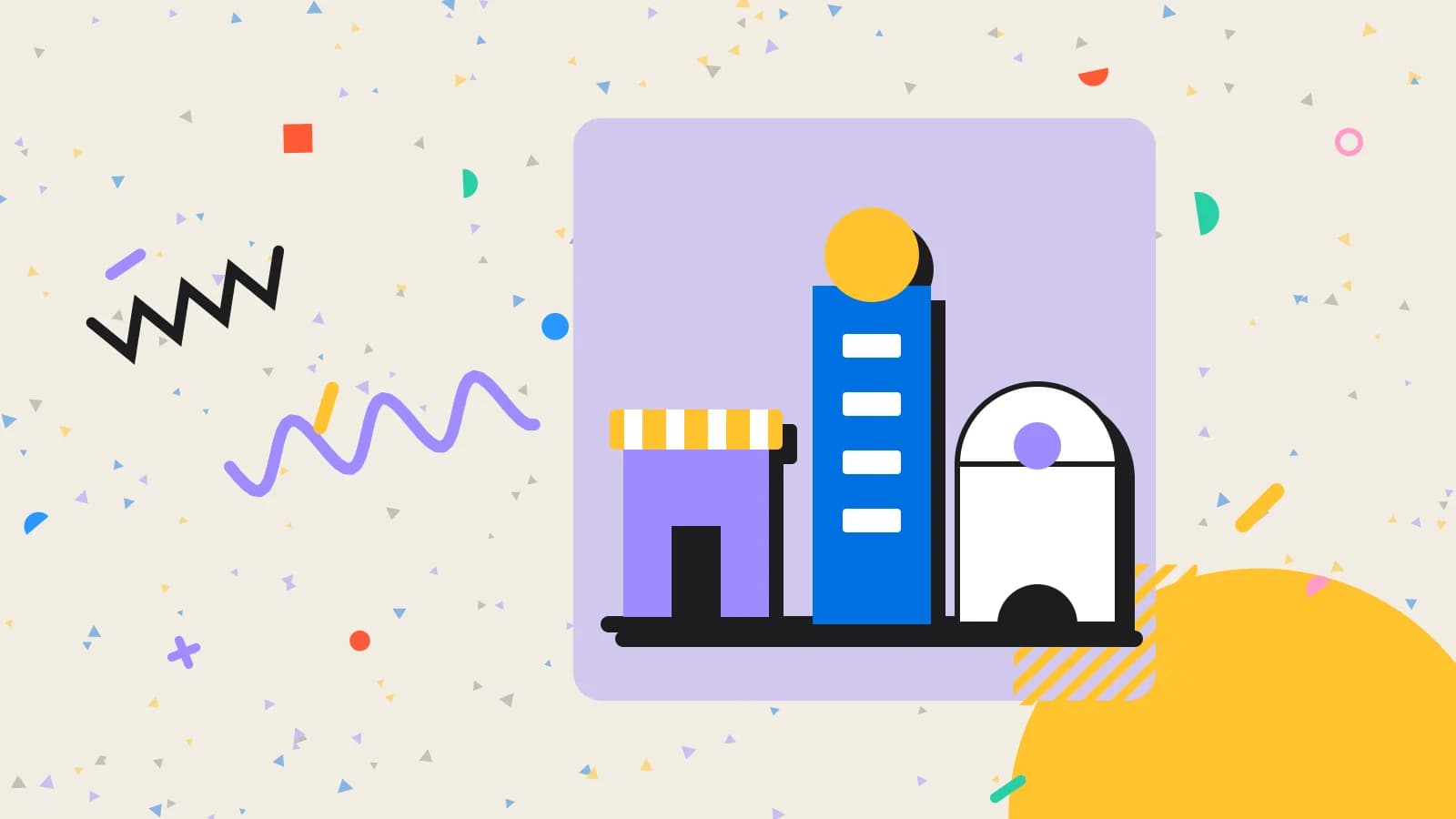 Illustration for small restaurant: a row of buildings made of simple shapes, in lilac and yellow on cream.