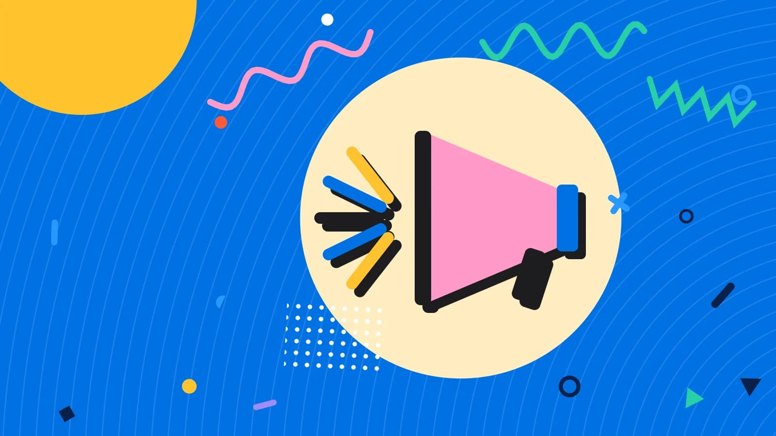 Illustration for social media strategy: a megaphone with rays bursting from it, in yellow and pink on blue.