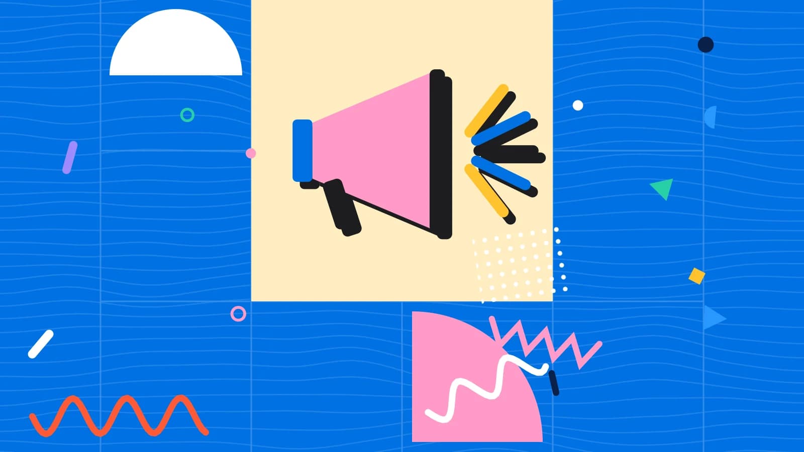 Illustration for social posting schedule: a megaphone with rays bursting from it, in yellow and pink on blue.