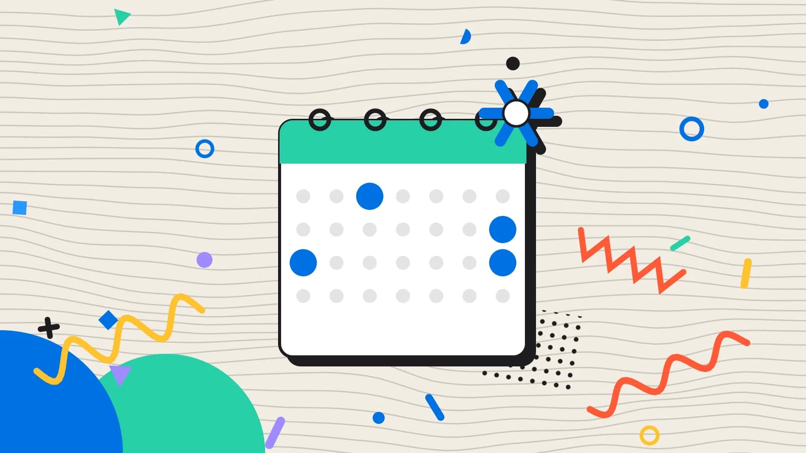 Illustration for weekly review: a calendar page with highlighted days and a snowflake, in mint and blue on cream.