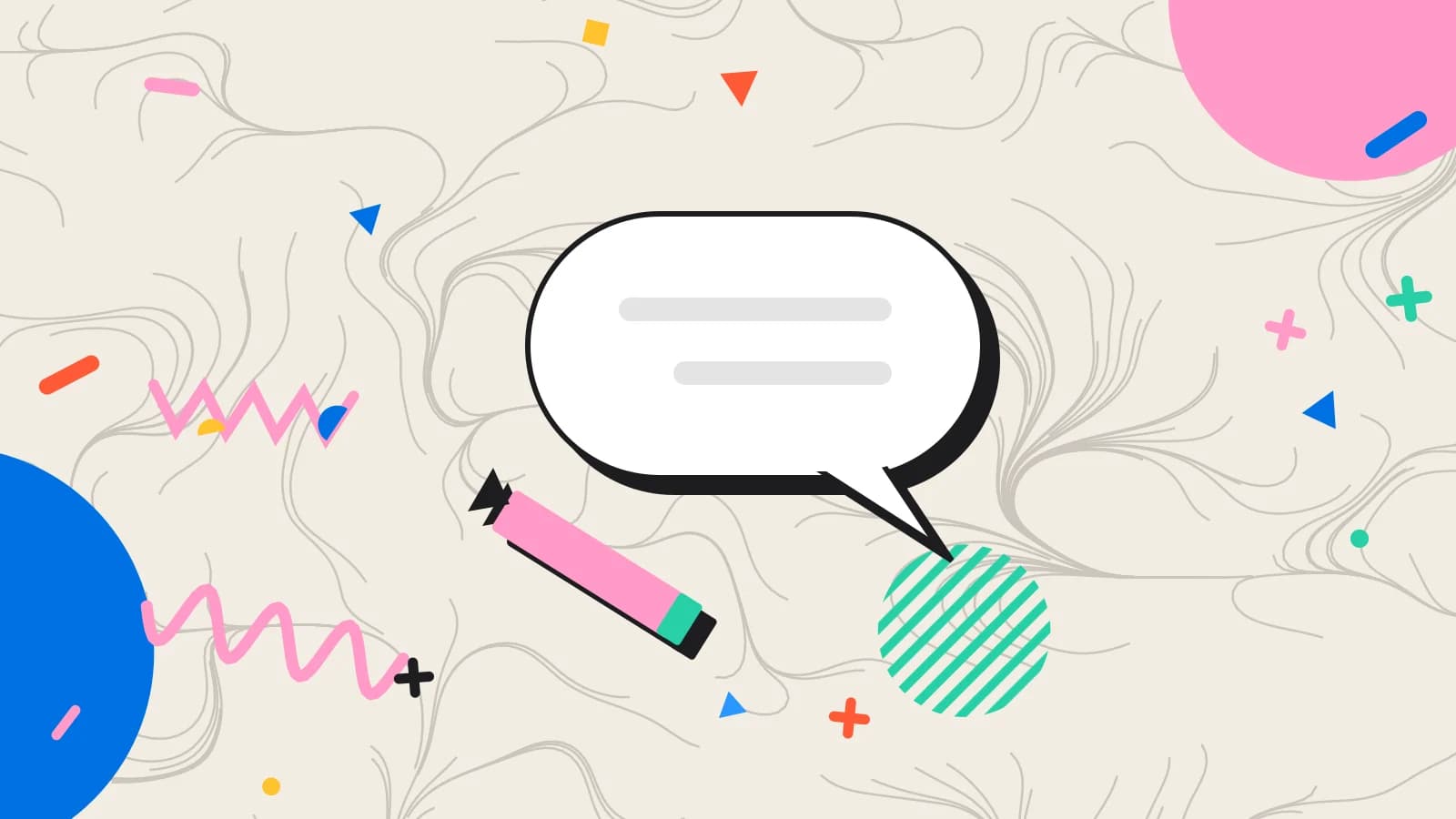 Illustration for acting on feedback: a large speech bubble with a pencil writing a reply, in pink and mint on cream.