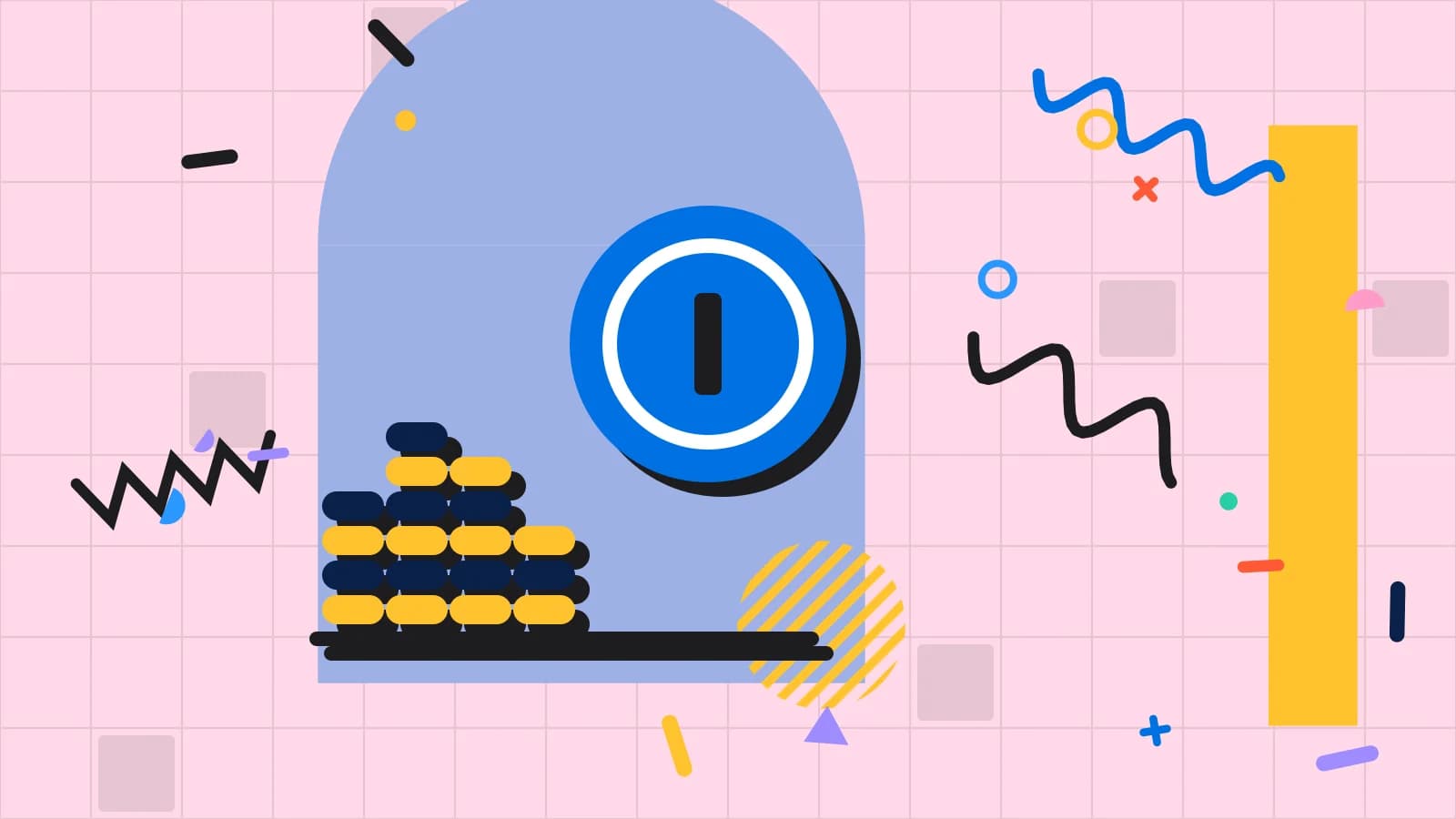 Illustration for aggregator commission: stacked coins beside a large coin, in blue and yellow on pale pink.
