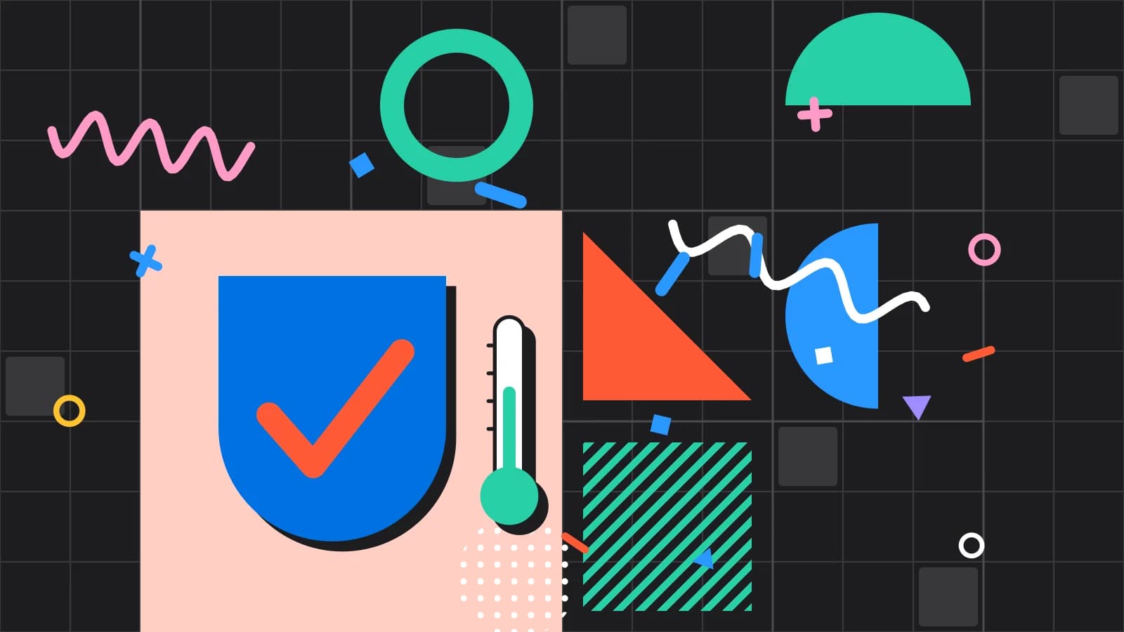 Illustration for allergen rules: a shield with a check mark beside a thermometer, in coral and mint on black.