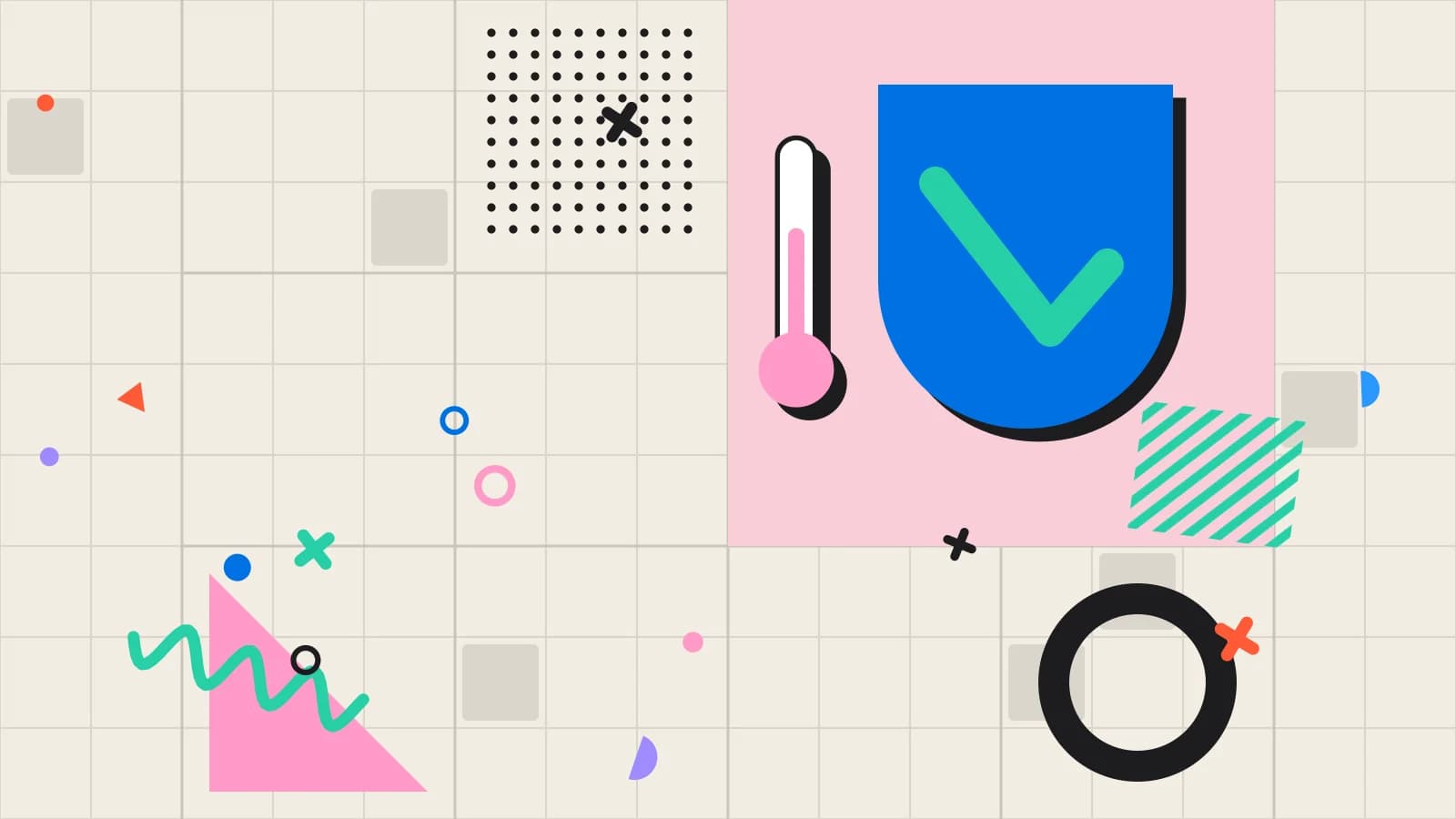 Illustration for an allergy mistake: a shield with a check mark beside a thermometer, in pink and mint on cream.