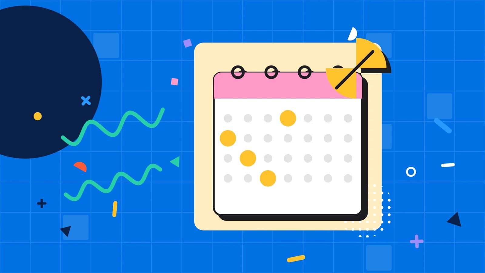 Illustration for email calendar: a calendar page with highlighted days and a leaf, in yellow and pink on blue.