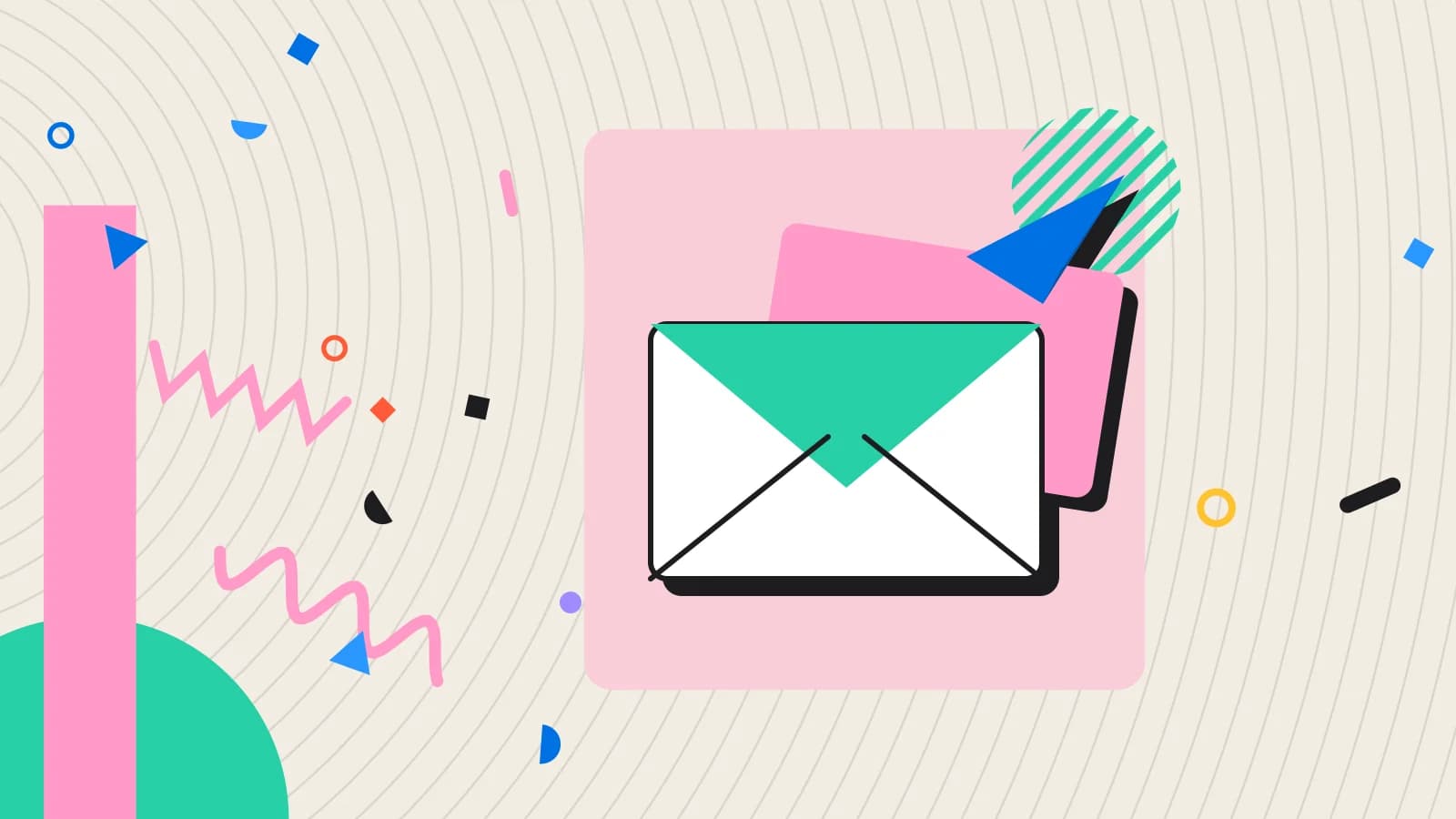 Illustration for asking for a review: an envelope with a paper plane taking off, in pink and mint on cream.