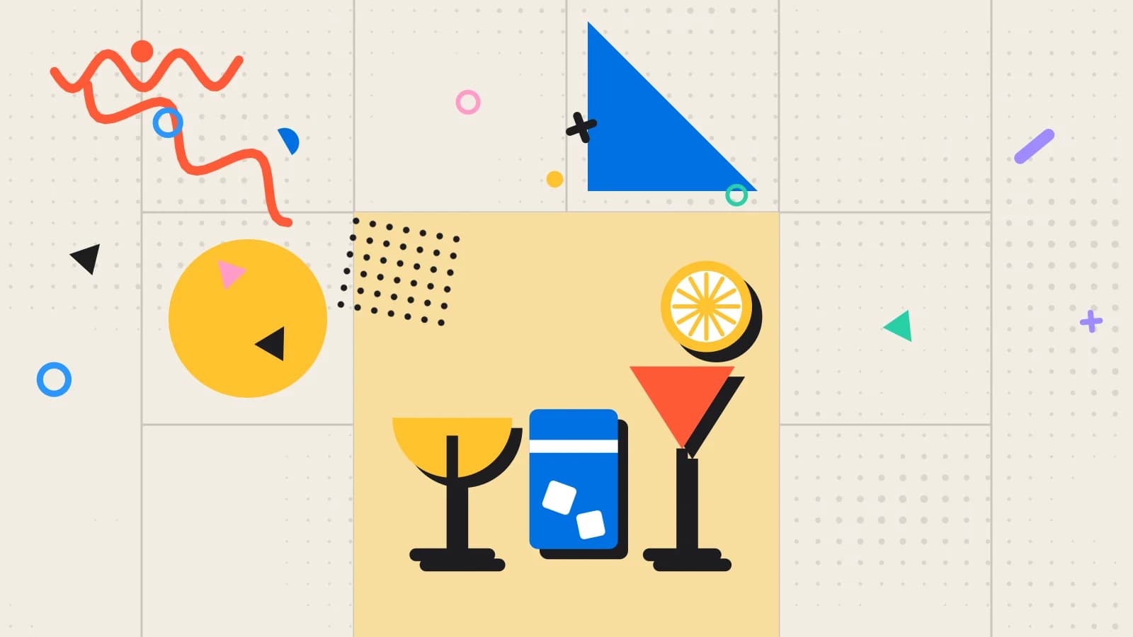 Illustration for bar inventory management: a wine glass, a tumbler and a cocktail beside a slice of lemon, in yellow and coral on cream.