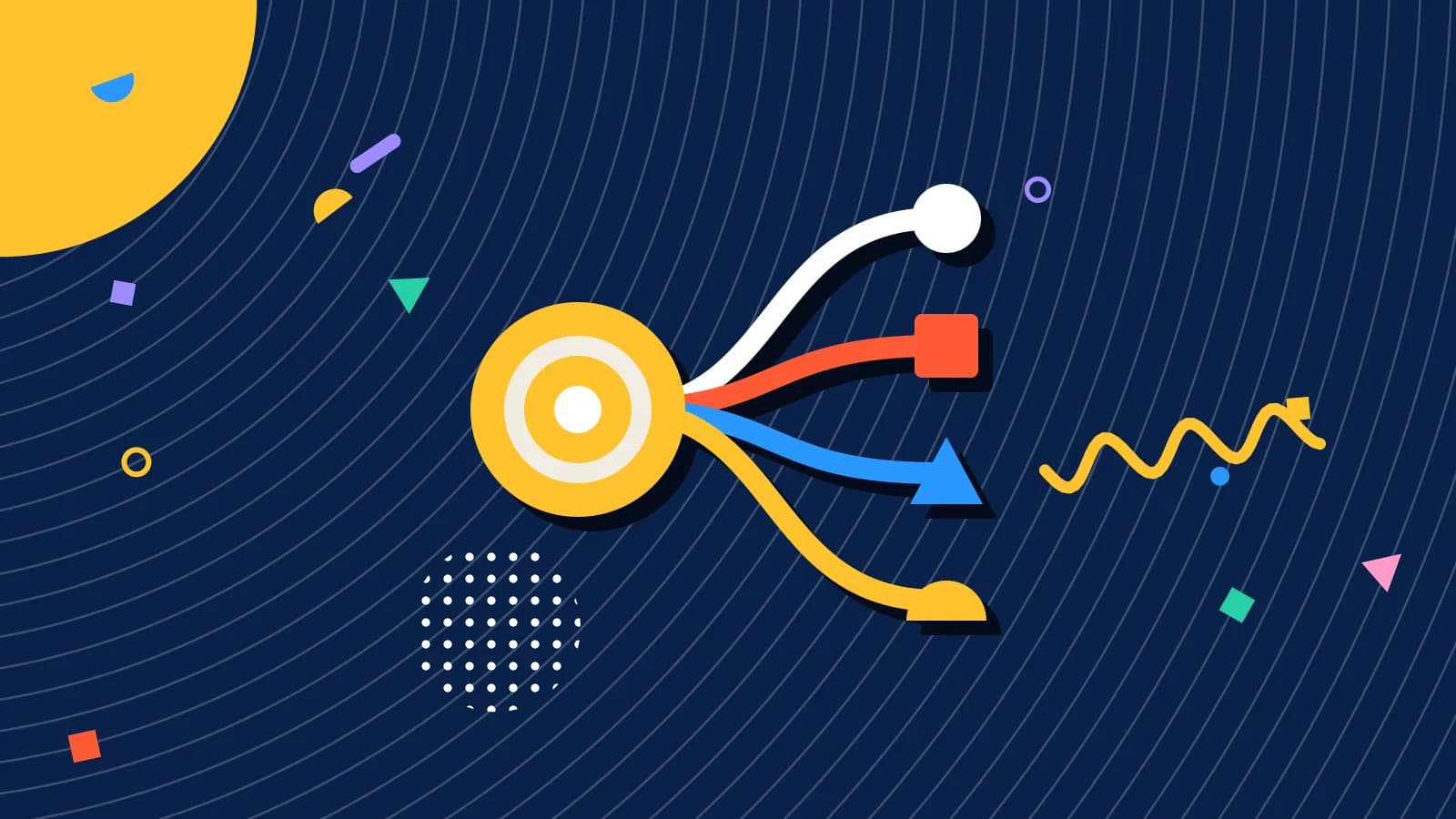 Illustration for booking abandonment: four paths converging on one point, in coral and yellow on navy.