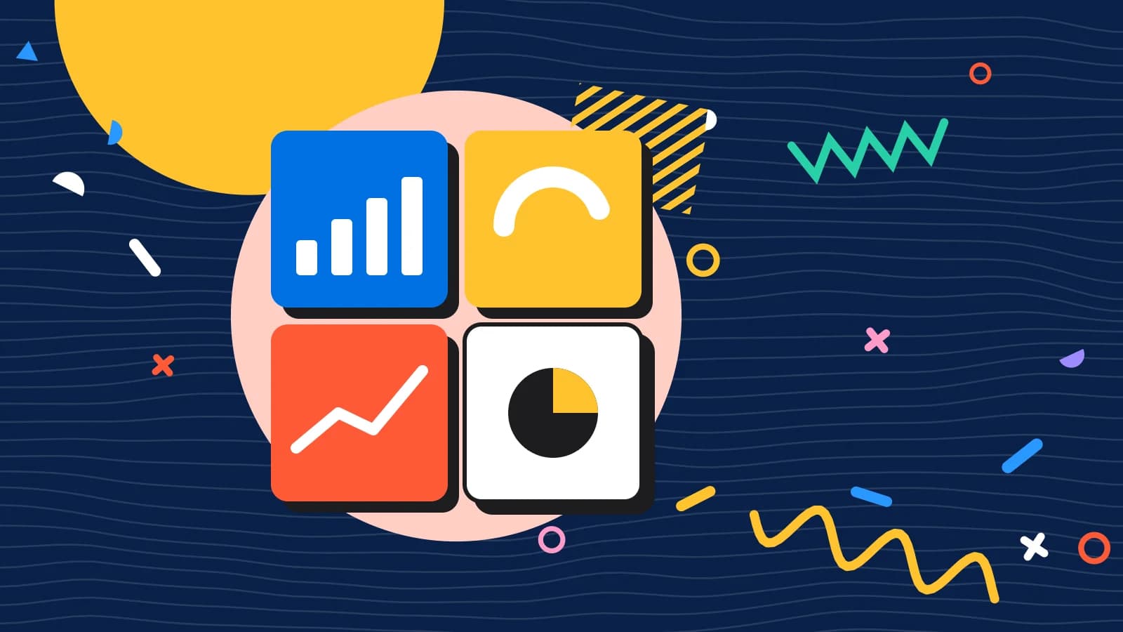 Illustration for booking conversion: a dashboard of four tiles, each with a small chart, in coral and yellow on navy.
