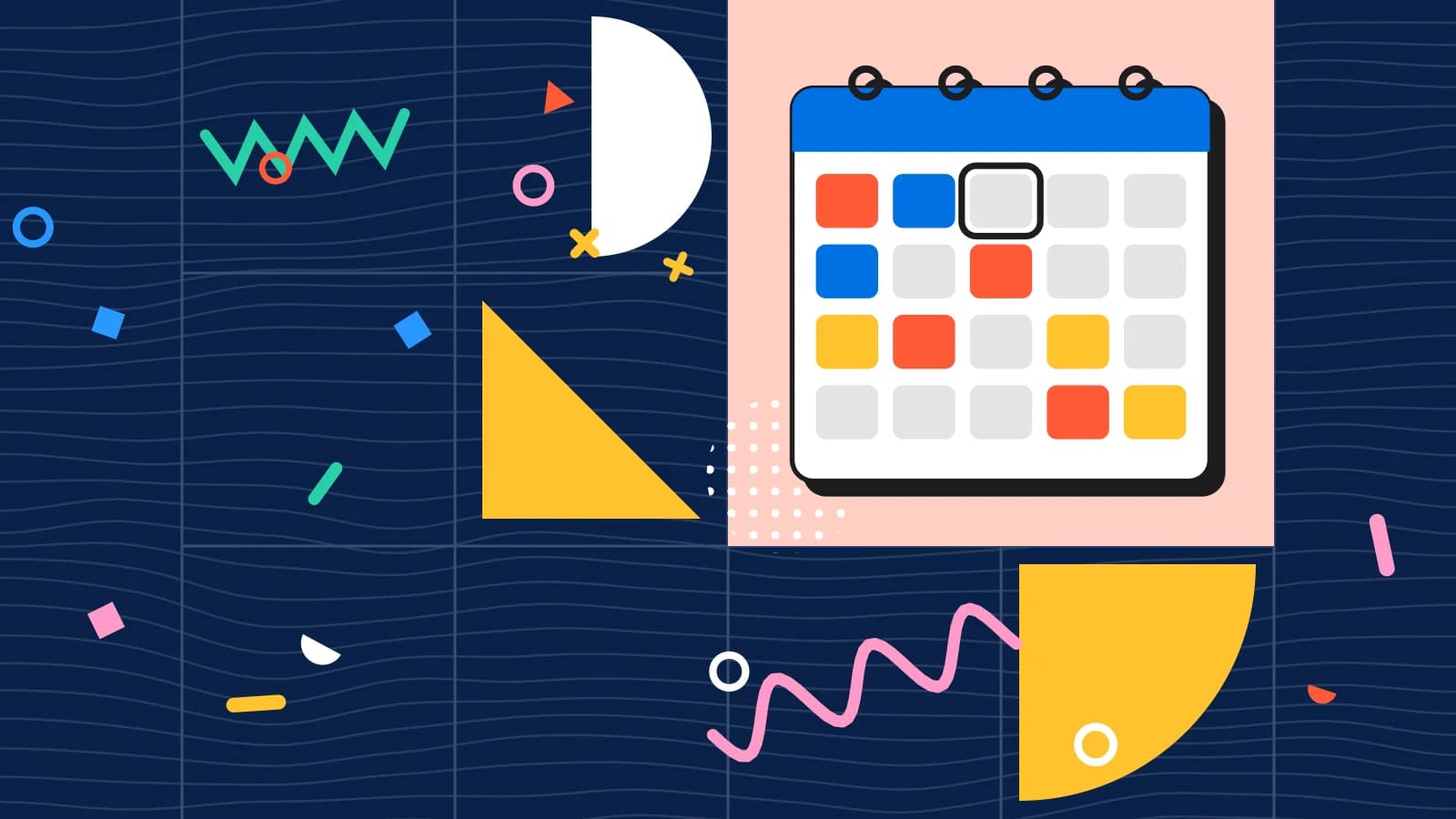 Illustration for booking notes: a booking diary with filled time slots, in coral and yellow on navy.