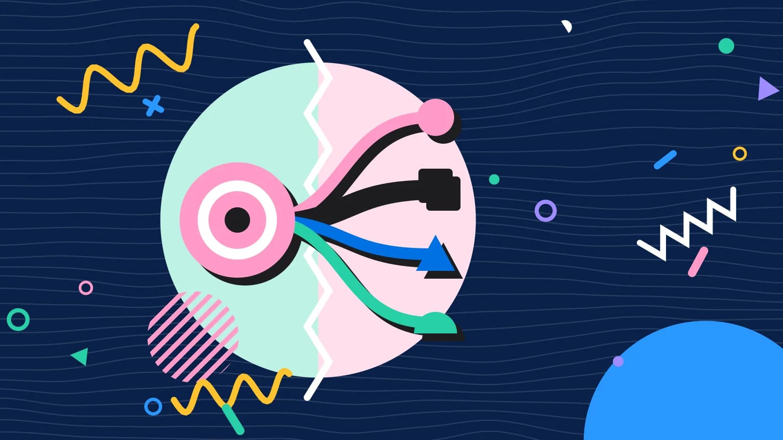 Illustration for booking platform vs your own booking page: four paths converging on one point, in mint and pink on navy.