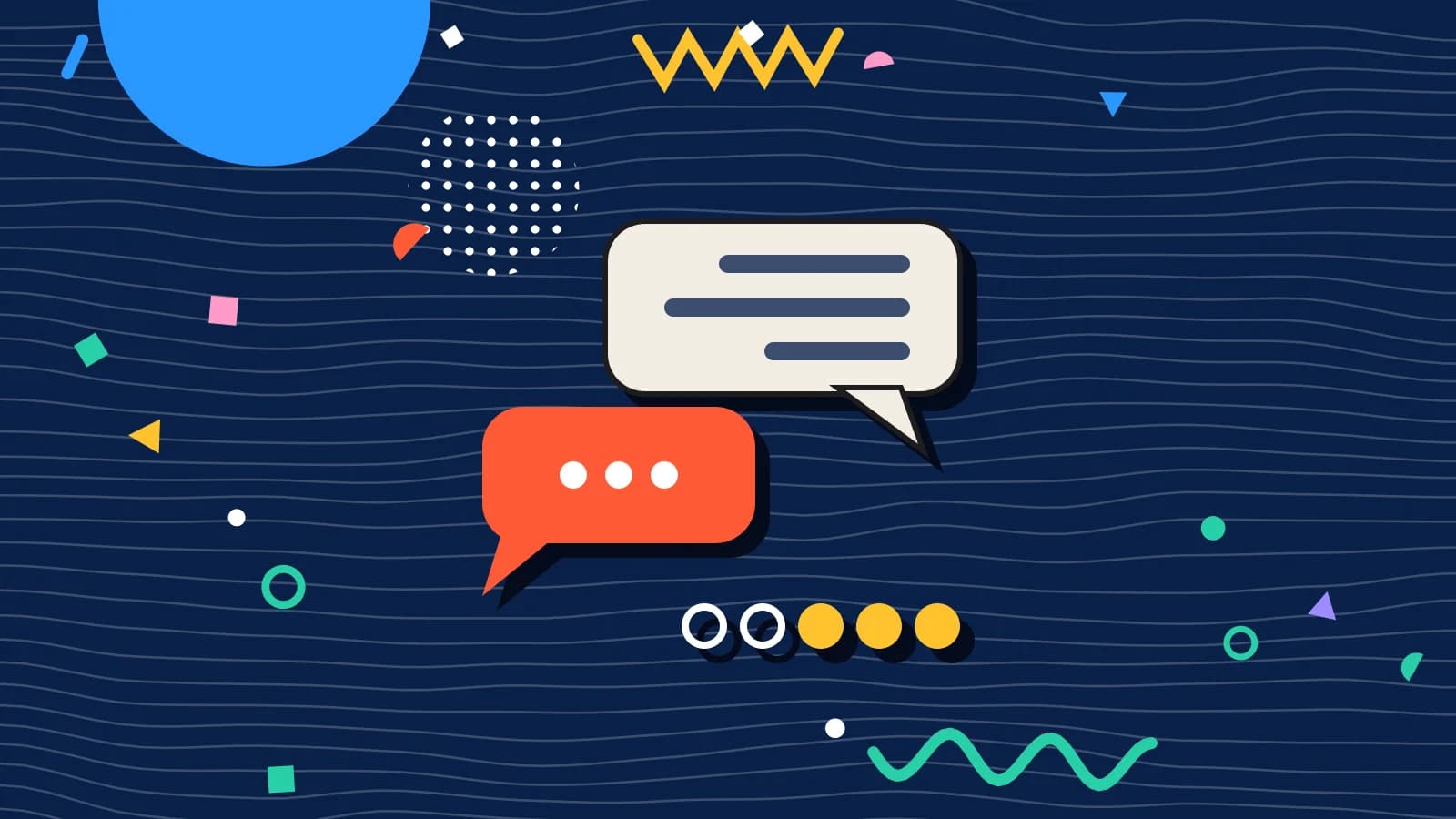 Illustration for booking reminders: speech bubbles above a row of rating dots, in coral and yellow on navy.