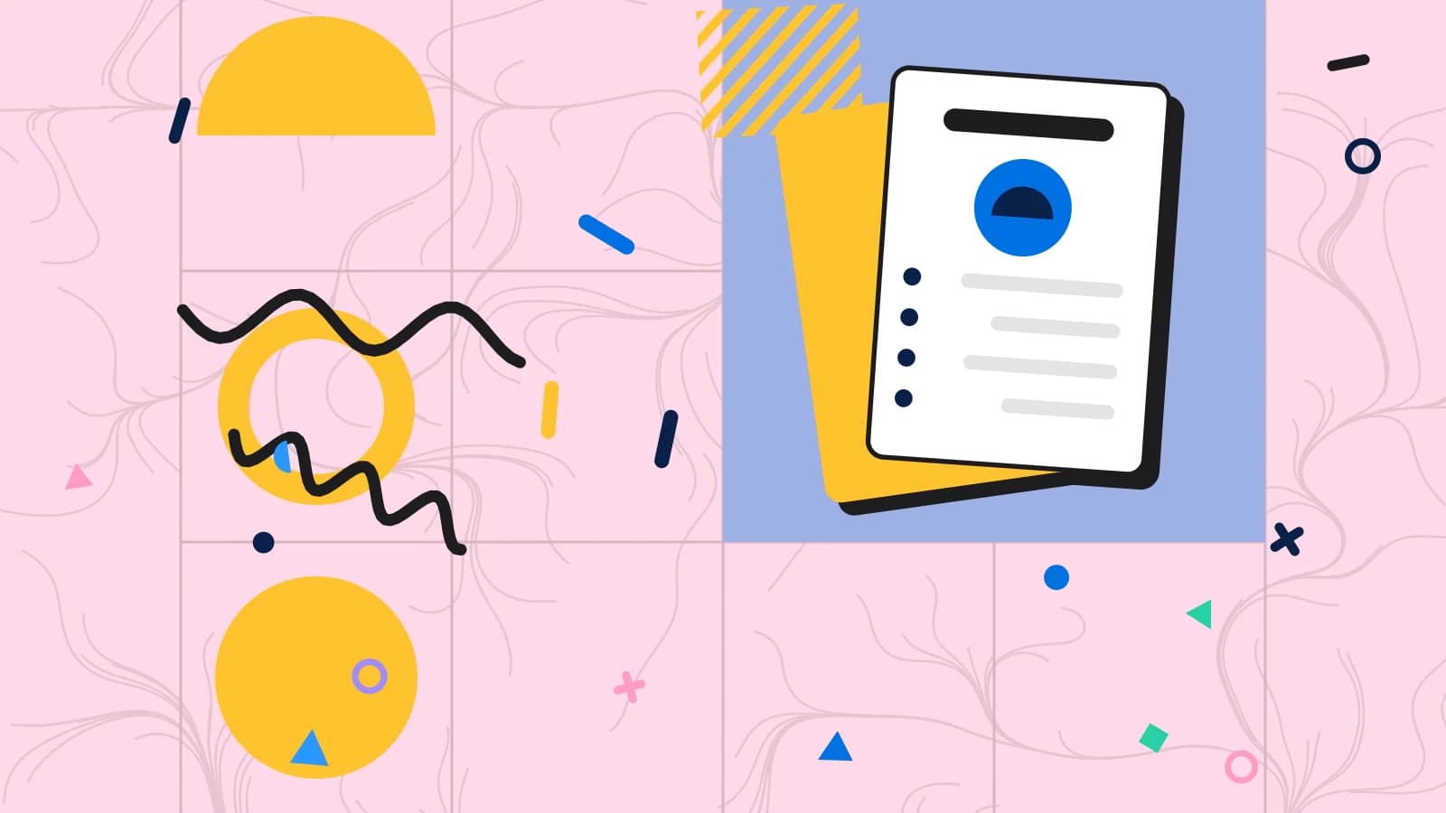 Illustration for allergen matrix: a menu card with a featured dish and lines of text, in blue and yellow on pale pink.