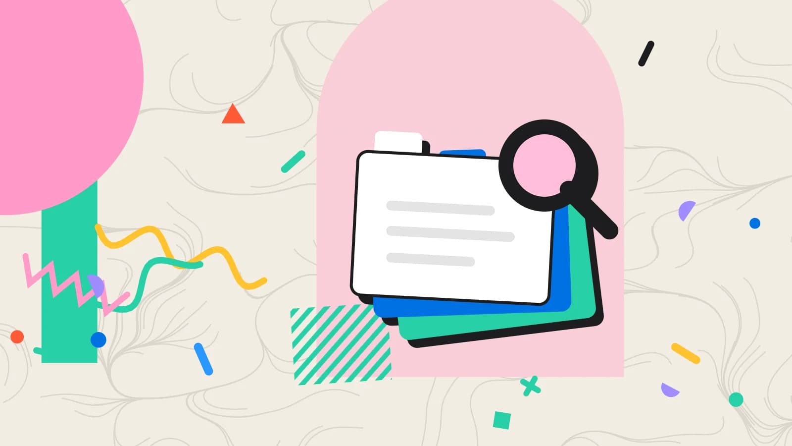 Illustration for building a guest database: stacked index cards under a magnifying glass, in pink and mint on cream.