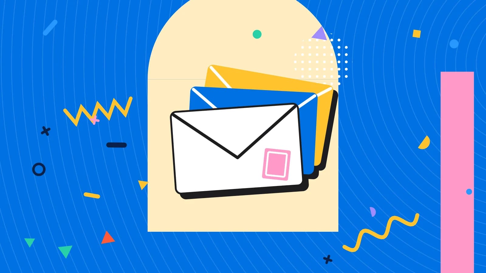 Illustration for building an email list: a fanned stack of envelopes with a stamp, in yellow and pink on blue.