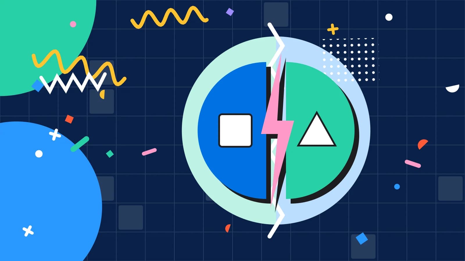 Illustration for buying in vs making in house: two half circles facing each other across a lightning bolt, in mint and pink on navy.