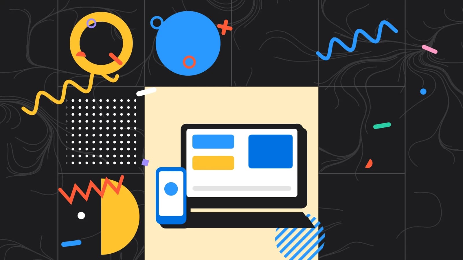 Illustration for choosing a pos: a laptop and a phone showing simple blocks, in yellow and light blue on black.