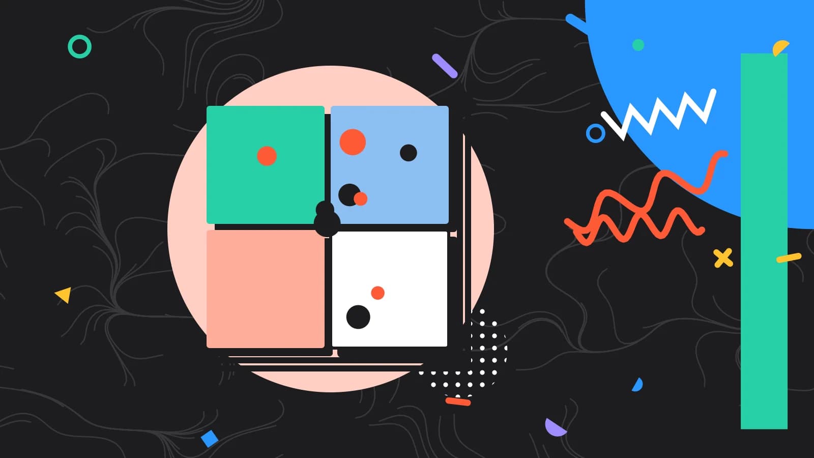 Illustration for choosing restaurant software: a four quadrant matrix with dishes plotted on it, in coral and mint on black.