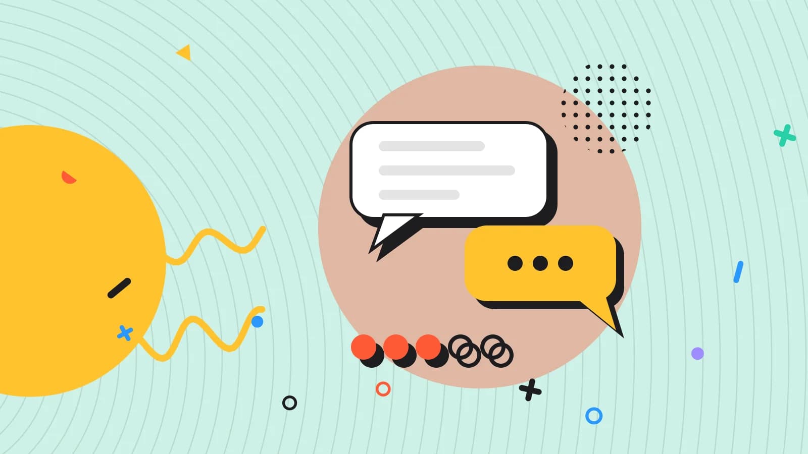 Illustration for christmas party enquiries: speech bubbles above a row of rating dots, in coral and yellow on pale mint.