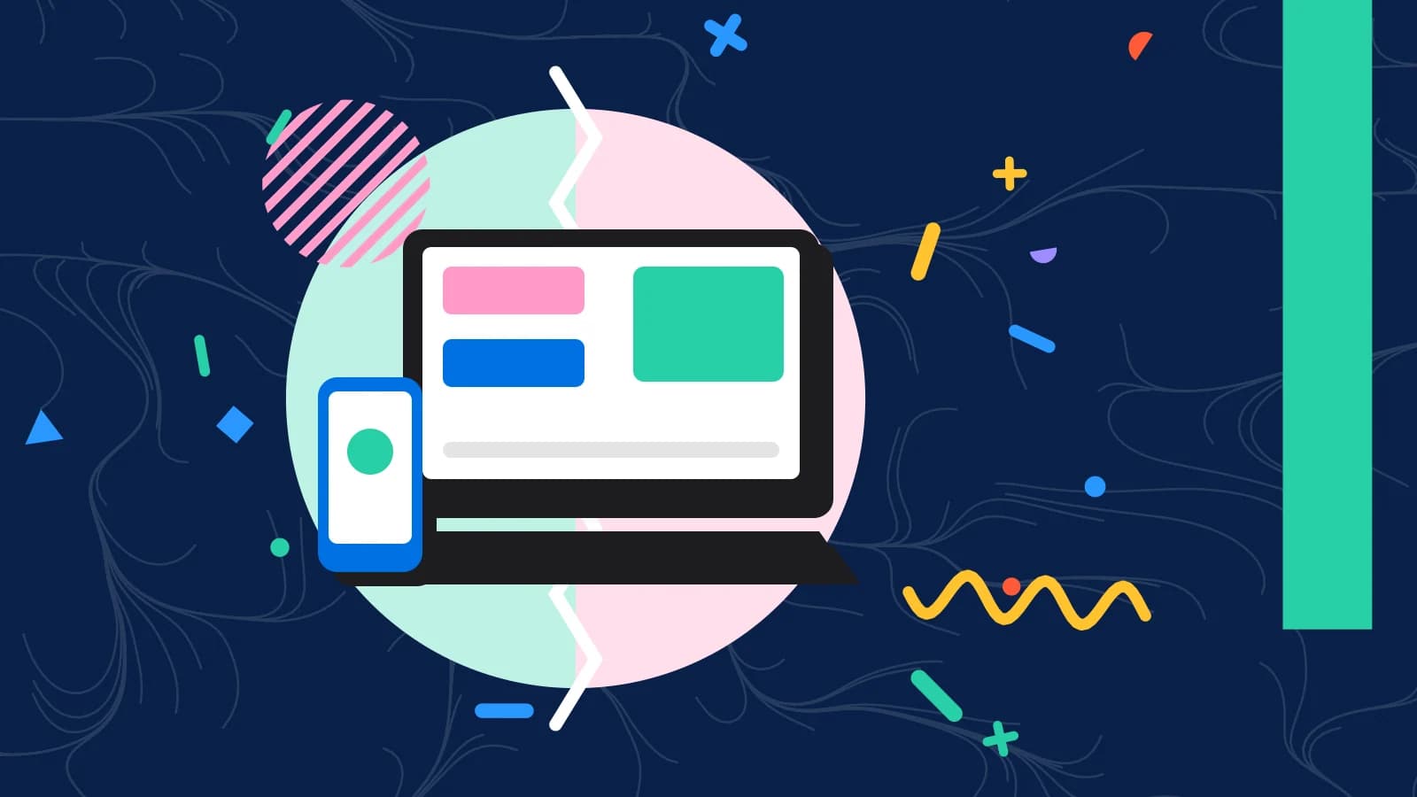 Illustration for cloud pos vs traditional pos: a laptop and a phone showing simple blocks, in mint and pink on navy.
