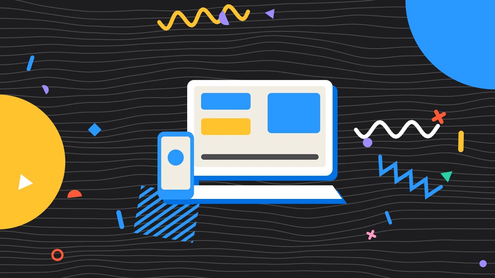 Illustration for cloud POS: a laptop and a phone showing simple blocks, in yellow and light blue on black.