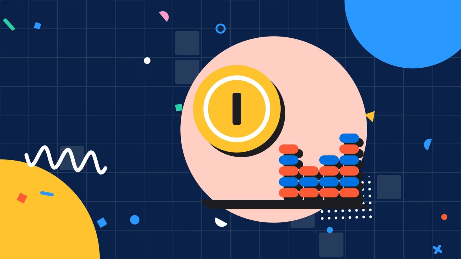 Illustration for commission free bookings: stacked coins beside a large coin, in coral and yellow on navy.
