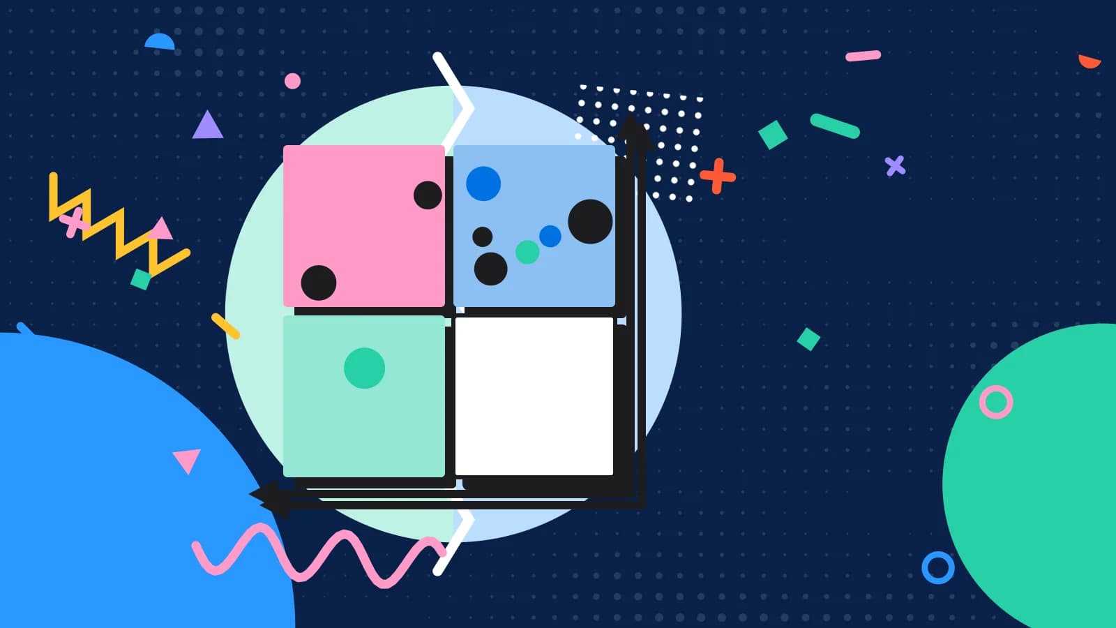 Illustration for comparing reservation systems: a four quadrant matrix with dishes plotted on it, in mint and pink on navy.