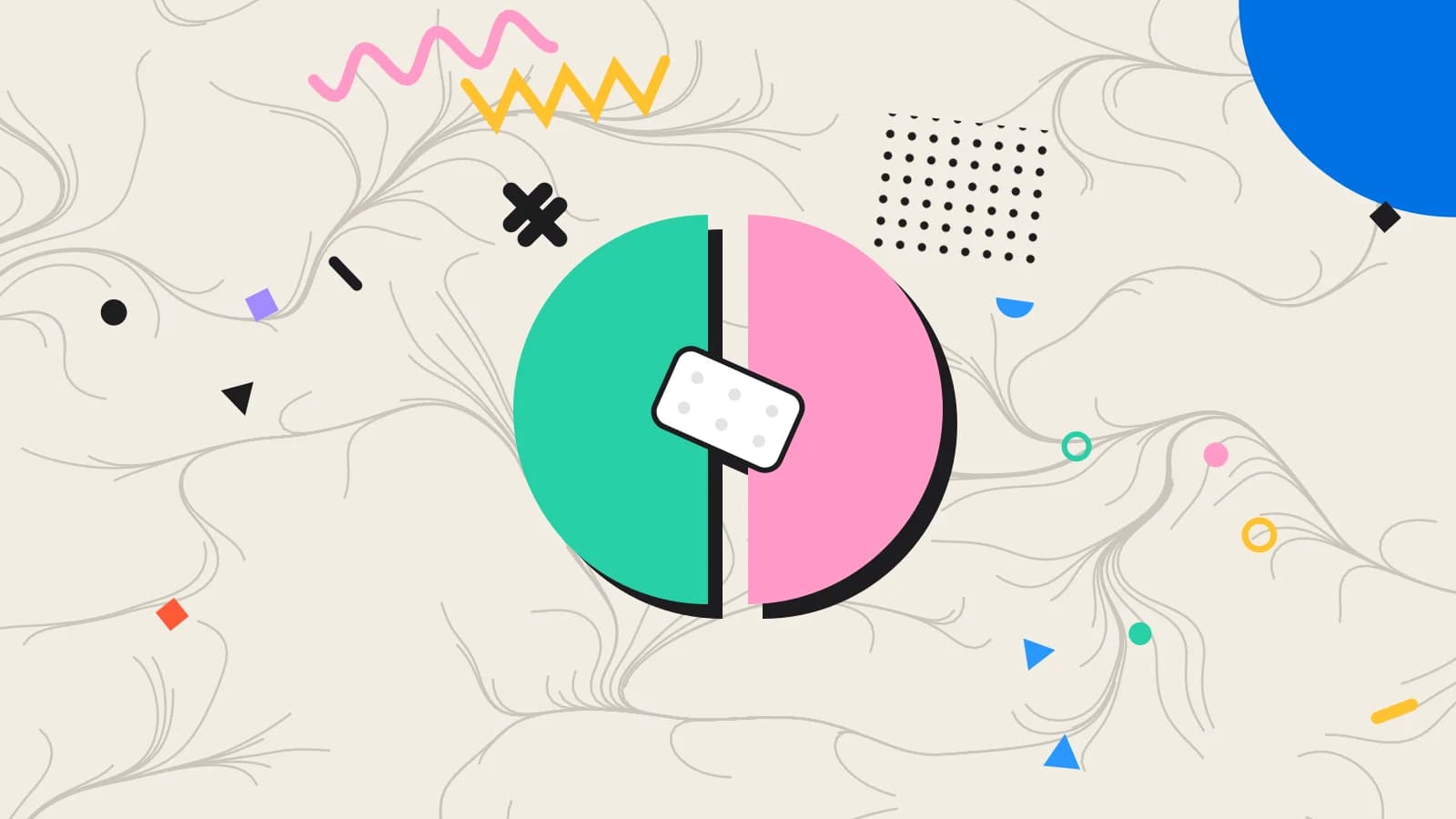 Illustration for complaint patterns: a split circle held together by a plaster, in pink and mint on cream.