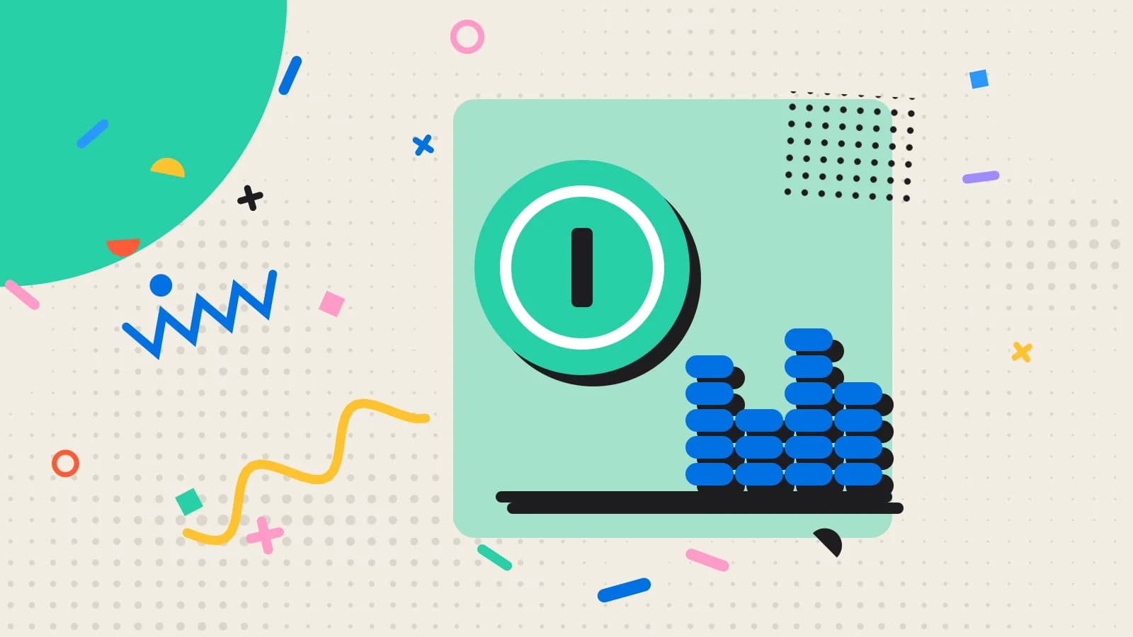 Illustration for cost cutting: stacked coins beside a large coin, in mint and blue on cream.