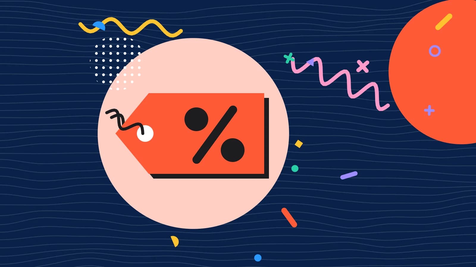 Illustration for cover fees: a price tag with a percent sign, in coral and yellow on navy.