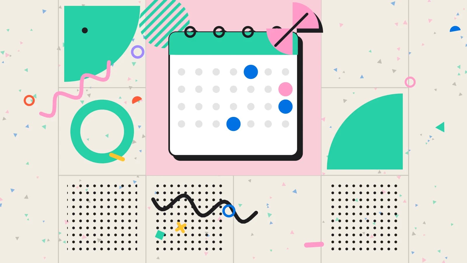 Illustration for customer retention: a calendar page with highlighted days and a leaf, in pink and mint on cream.