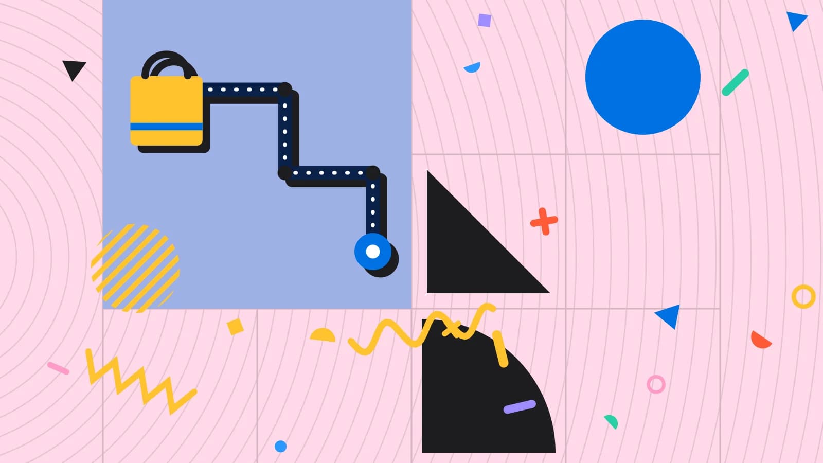 Illustration for delivery aggregators: a delivery route ending at a takeaway bag, in blue and yellow on pale pink.