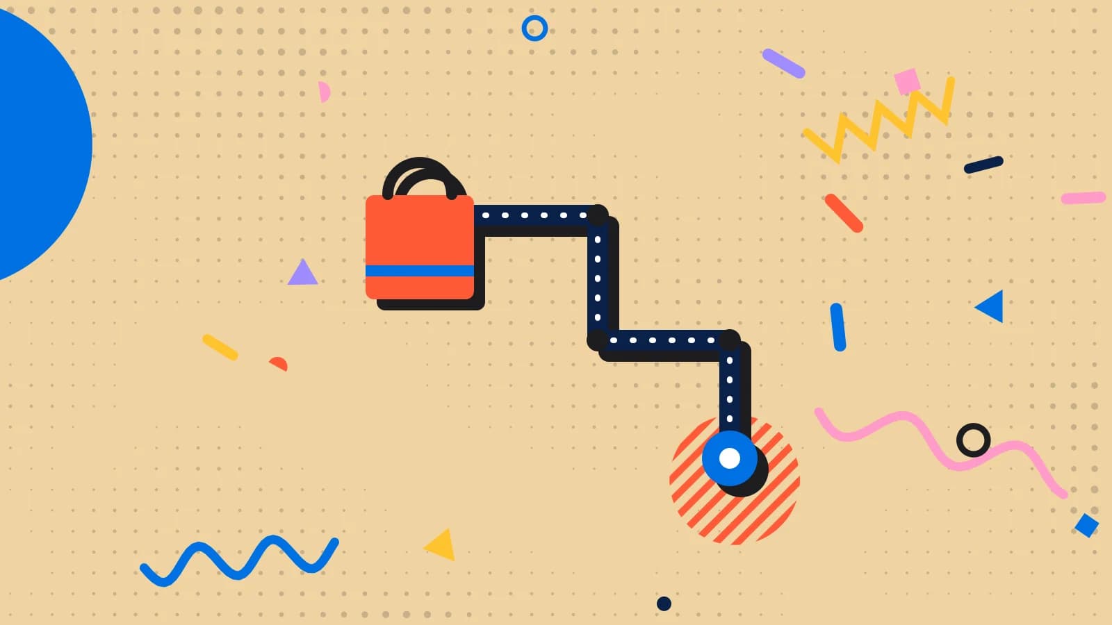 Illustration for delivery in dubai: a delivery route ending at a takeaway bag, in blue and coral on sand.