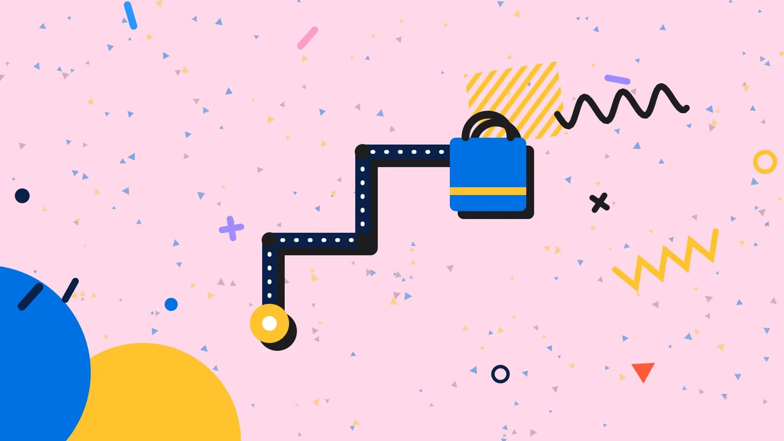 Illustration for delivery pricing: a delivery route ending at a takeaway bag, in blue and yellow on pale pink.