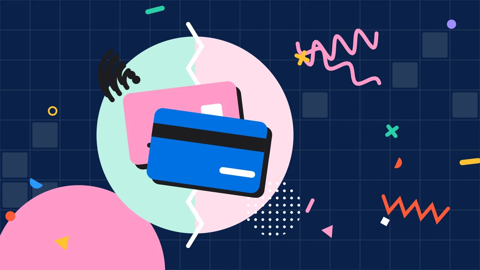 Illustration for deposits vs credit card holds: two payment cards with contactless waves, in mint and pink on navy.