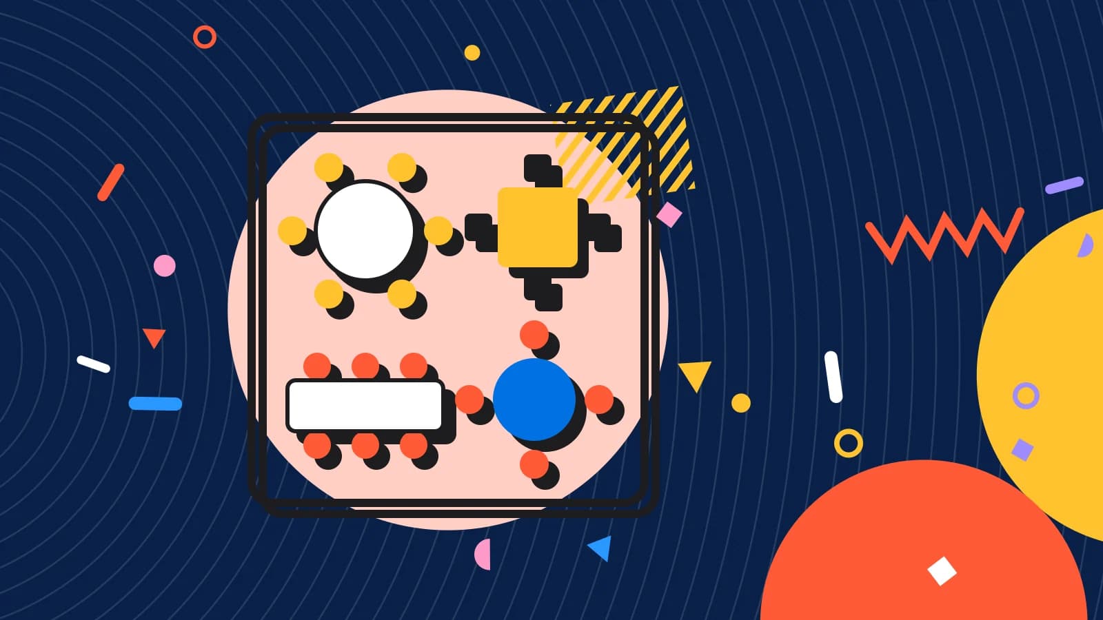 Illustration for restaurant floor plan: a floor plan of round, square and long tables, in coral and yellow on navy.
