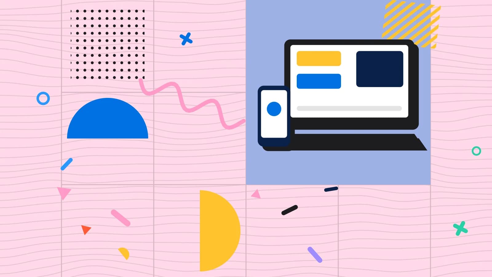 Illustration for direct online ordering: a laptop and a phone showing simple blocks, in blue and yellow on pale pink.