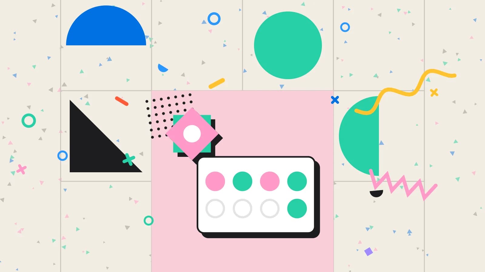 Illustration for discounts or rewards: a stamp card beside an eight point star, in pink and mint on cream.