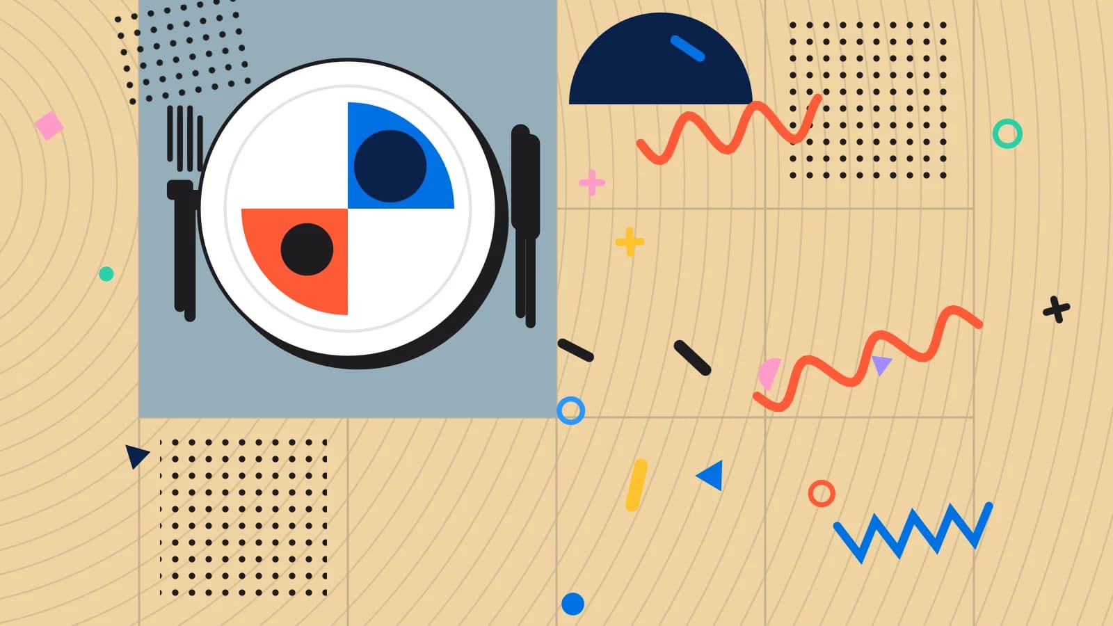 Illustration for dubai brunch: a plate seen from above, divided into coloured portions, with a fork and knife, in blue and coral on sand.