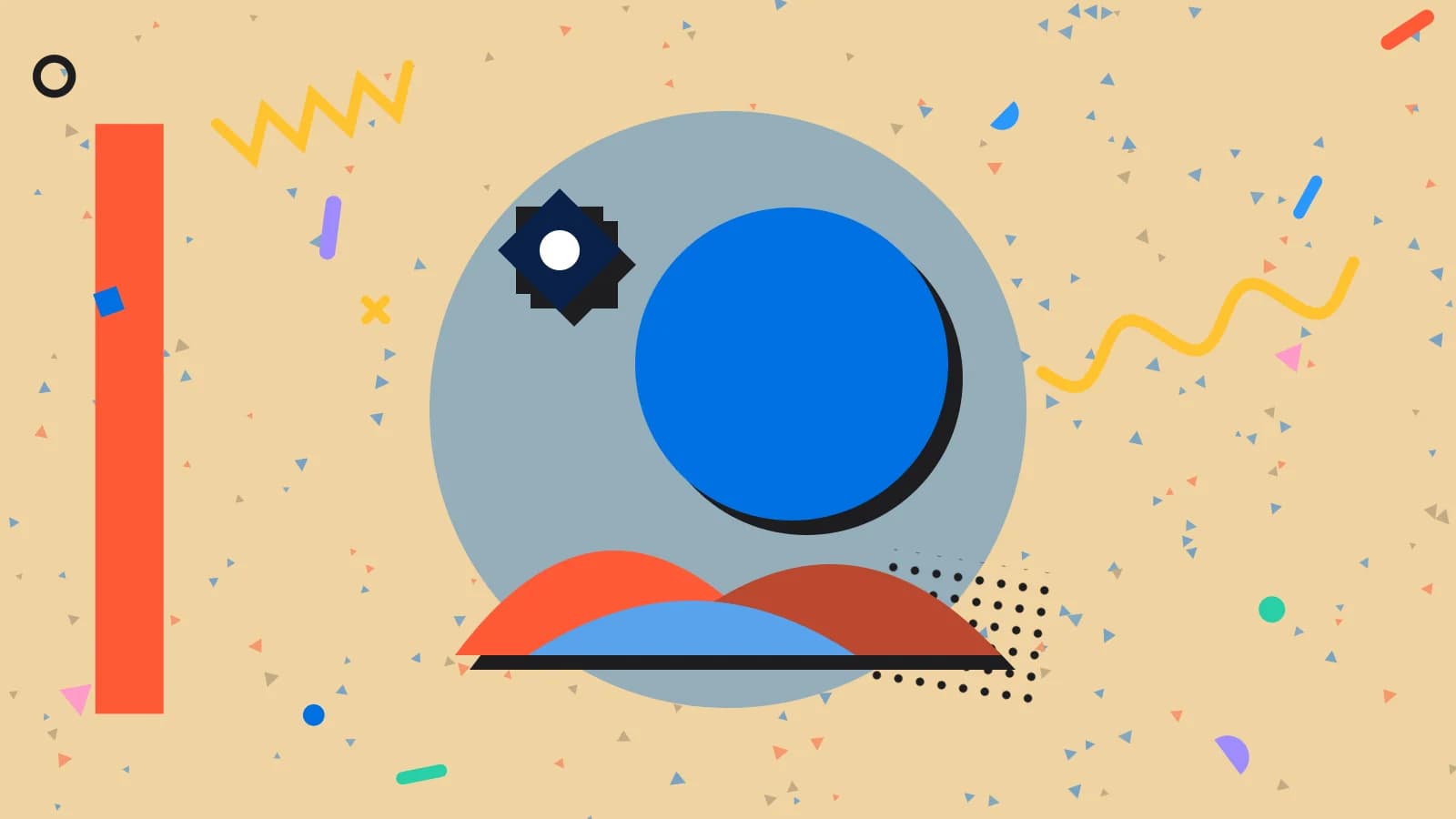 Illustration for dubai summer trade: a sun setting behind layered dunes, with an eight point star, in blue and coral on sand.
