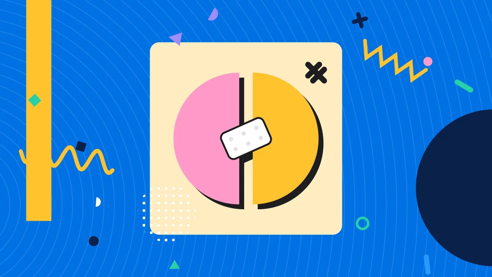 Illustration for restaurant website mistakes: a split circle held together by a plaster, in yellow and pink on blue.