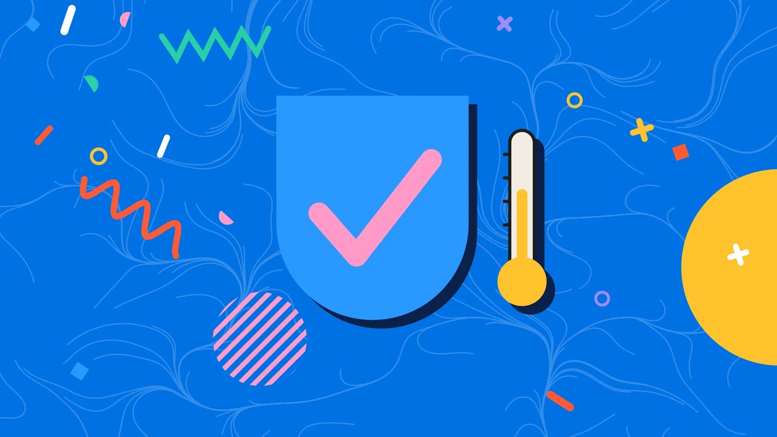 Illustration for email deliverability: a shield with a check mark beside a thermometer, in yellow and pink on blue.