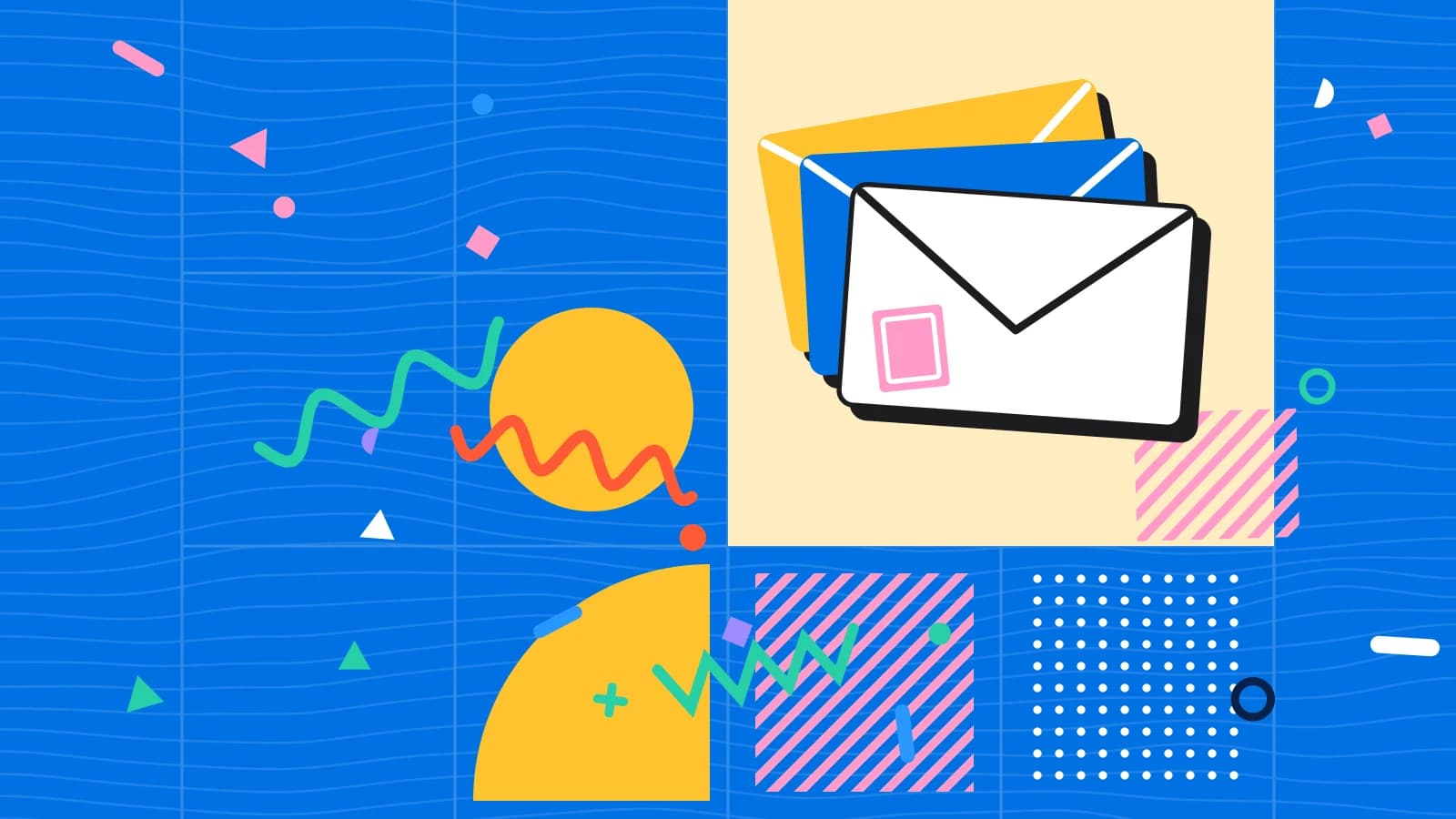Illustration for email opt in: a fanned stack of envelopes with a stamp, in yellow and pink on blue.