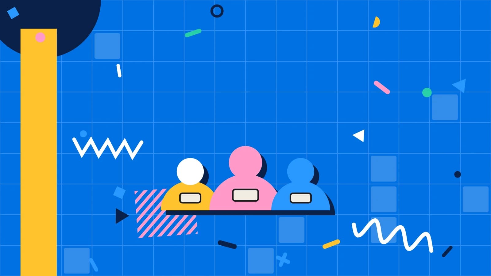 Illustration for email segmentation: three figures made of circles and arches, wearing name tags, in yellow and pink on blue.