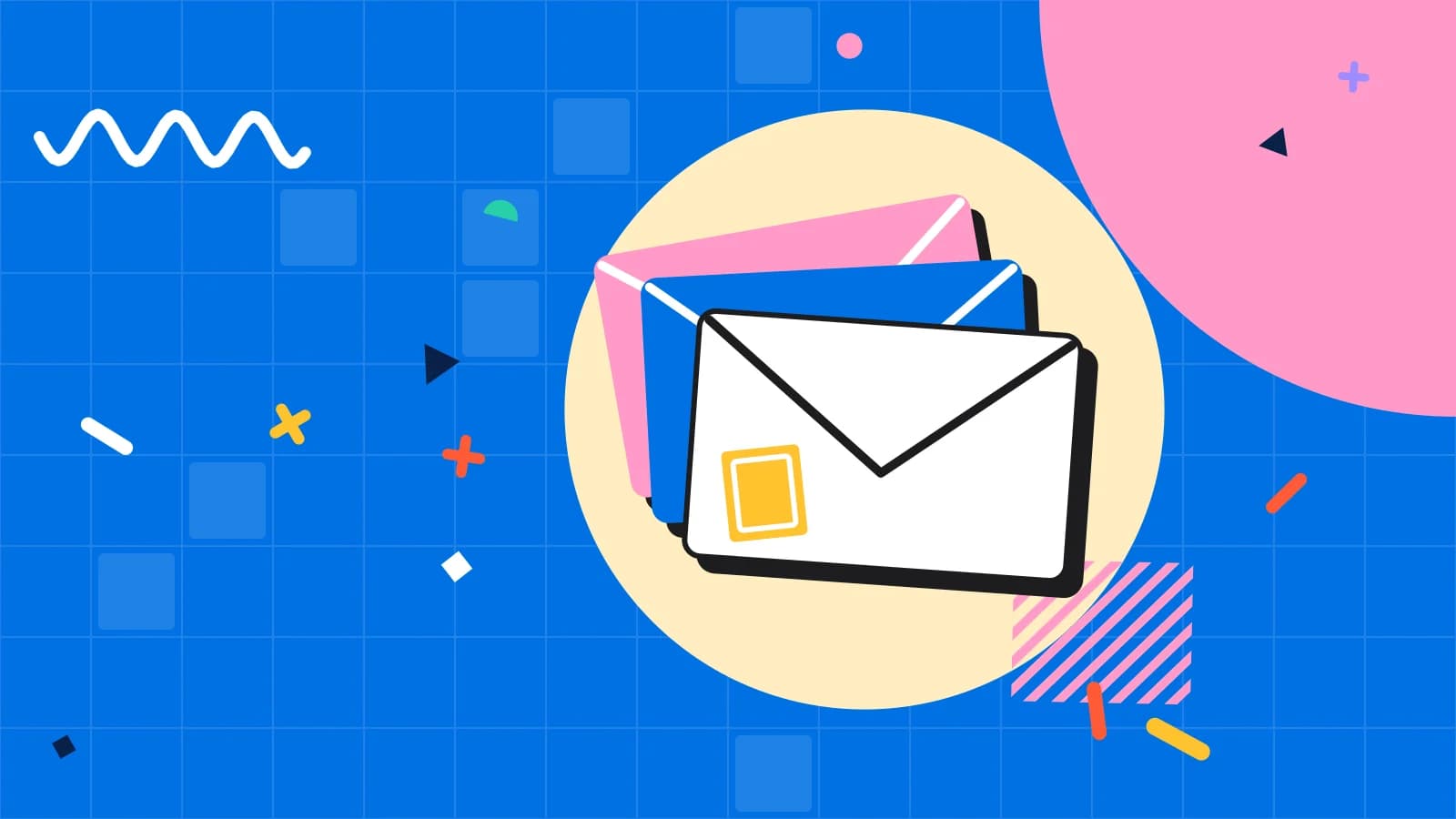 Illustration for email send time: a fanned stack of envelopes with a stamp, in yellow and pink on blue.