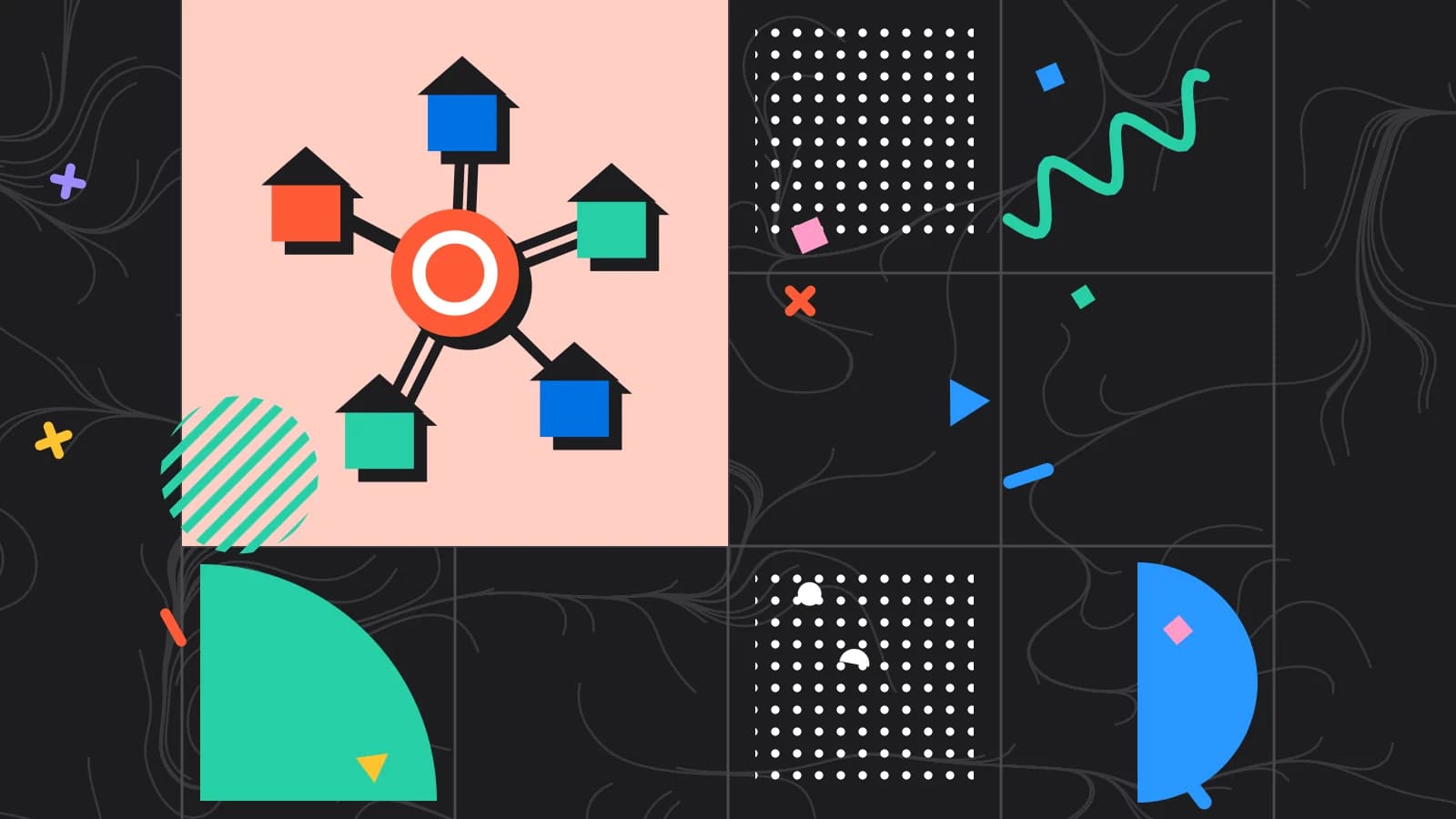 Illustration for expansion mistakes: venues linked to one central hub, in coral and mint on black.