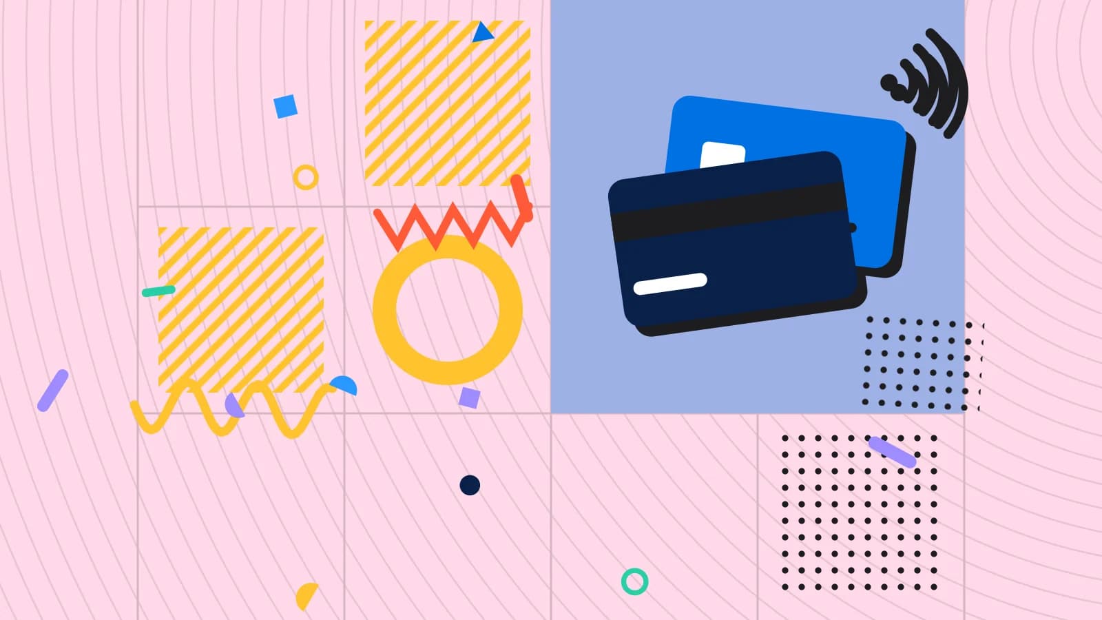 Illustration for faster payment: two payment cards with contactless waves, in blue and yellow on pale pink.