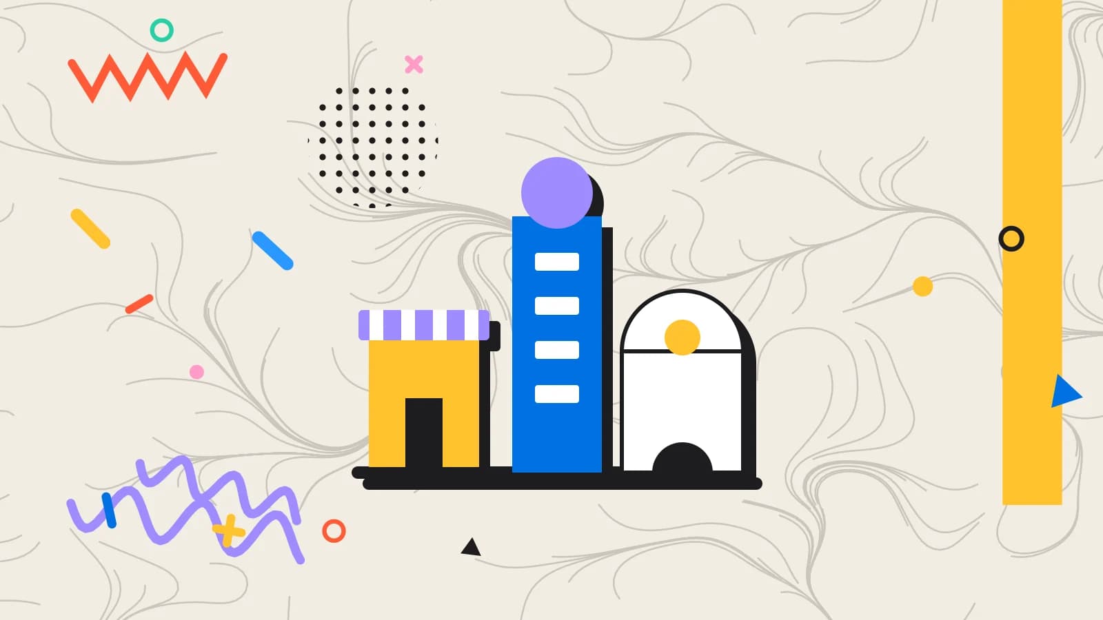 Illustration for fine dining operations: a row of buildings made of simple shapes, in lilac and yellow on cream.
