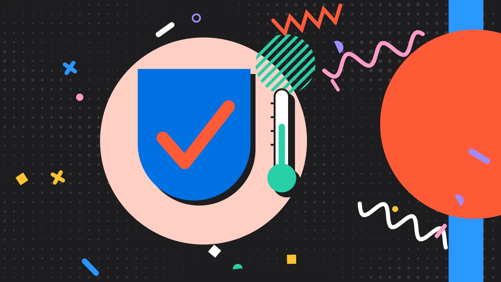 Illustration for food hygiene rating: a shield with a check mark beside a thermometer, in coral and mint on black.