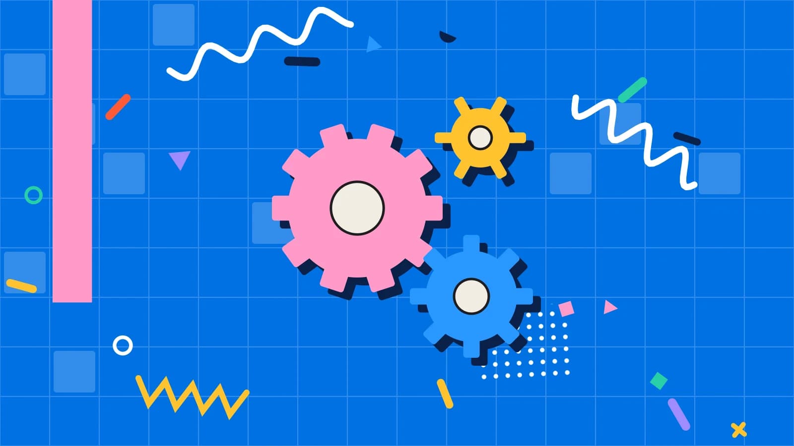 Illustration for automated emails: three interlocking gears, in yellow and pink on blue.